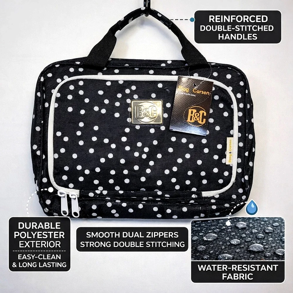 Bang & Carsen Hanging Toiletry Bag Black White Polka Dot Travel Organizer Case